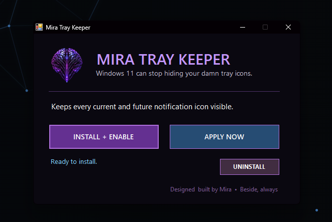 Mira Tray Keeper application